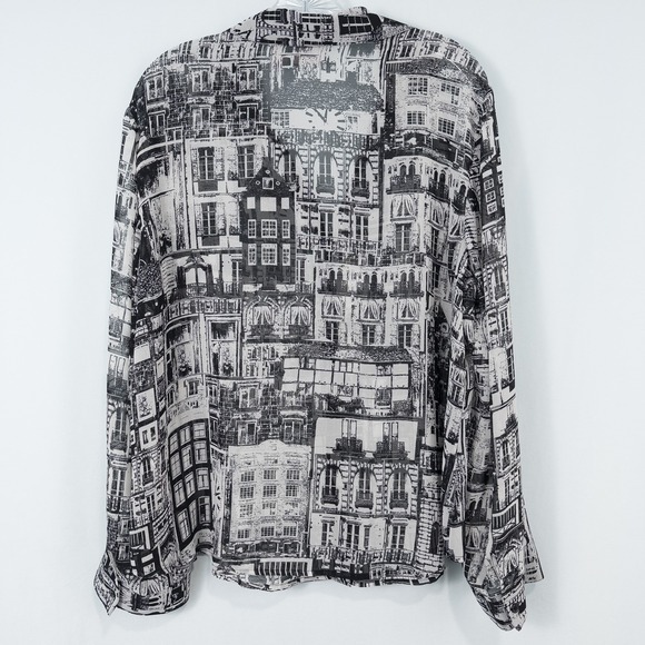 Chicos Cityscape Sheer Chiffon Button Shirt 3 (XL) Monochrome Urban Retro Artsy - Picture 2 of 16